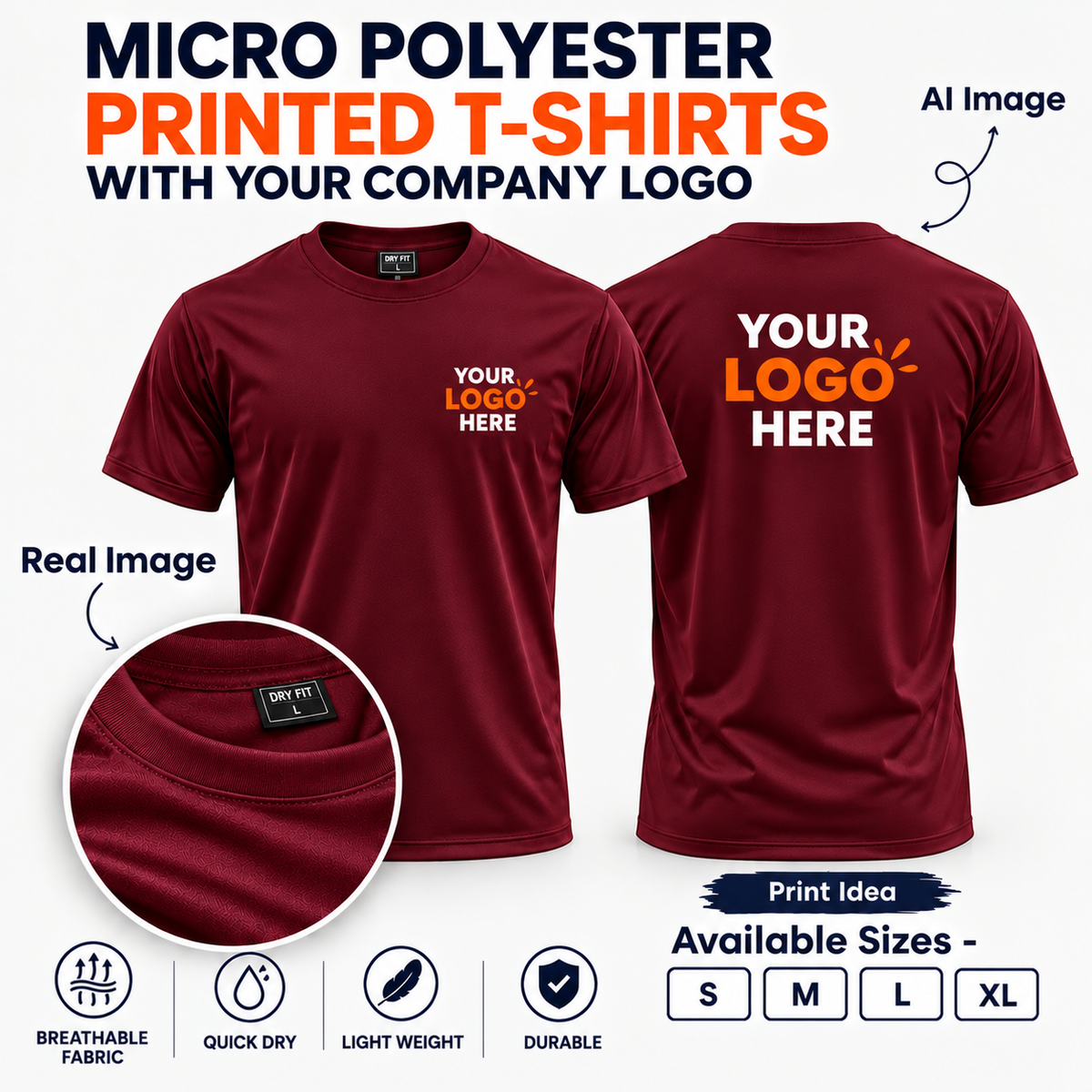 Plain Polyester Round Neck T-Shirt with Your Custom Logo